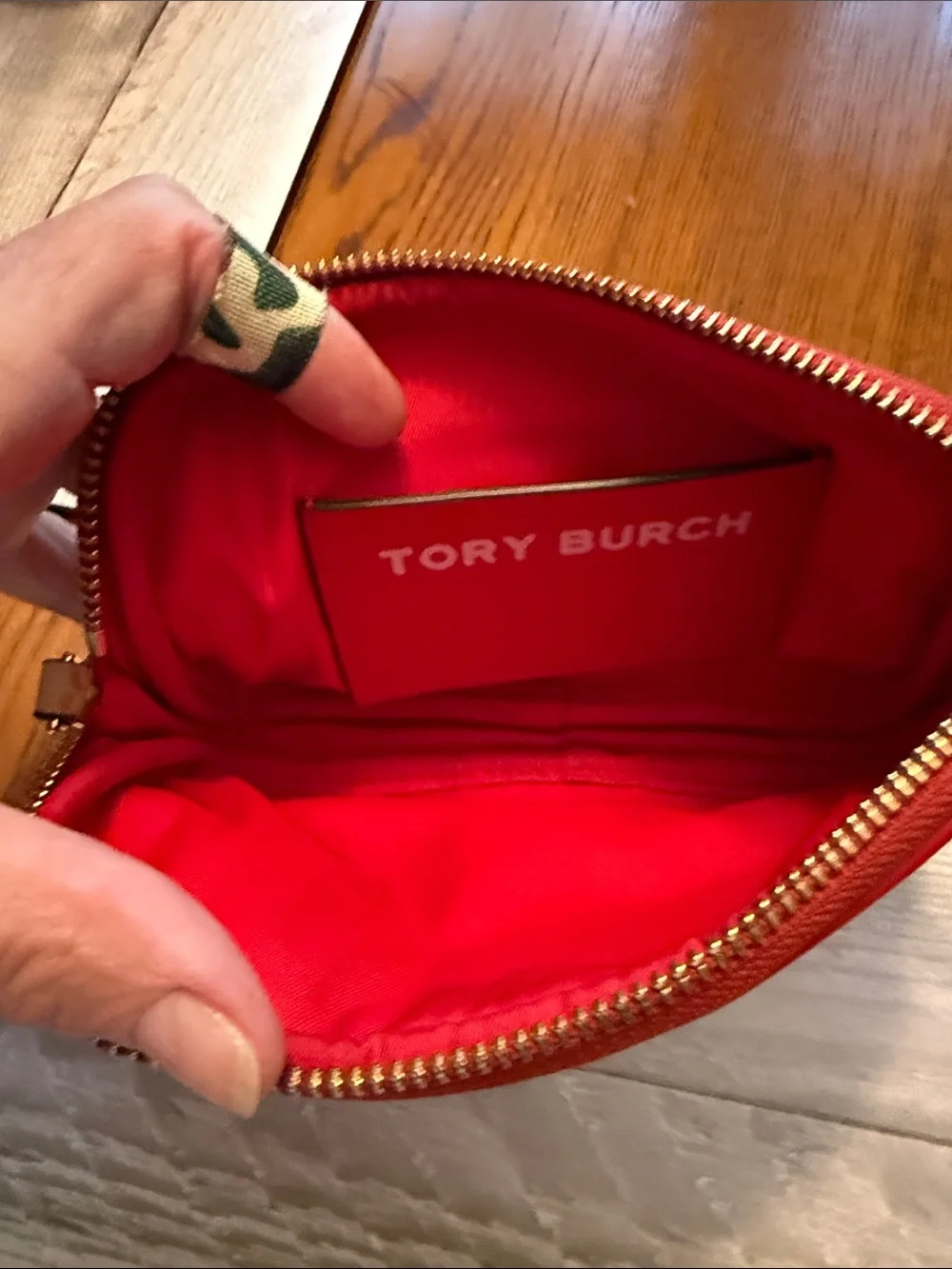 Tory Burch Red & Cream Patterned Zip Pouch with Gold Logo